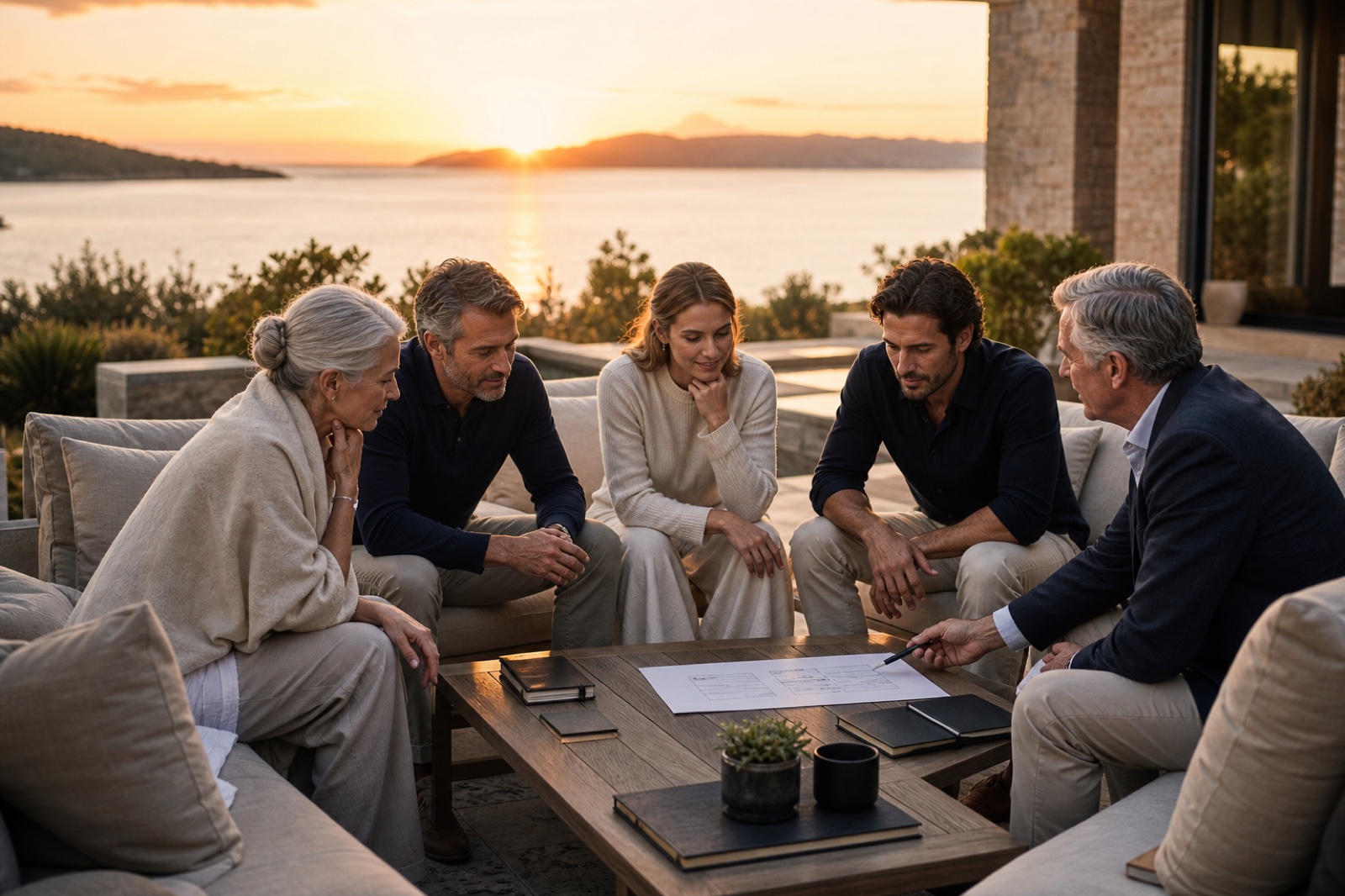 A family and trusted adviser reviewing a practical post-retreat roadmap together