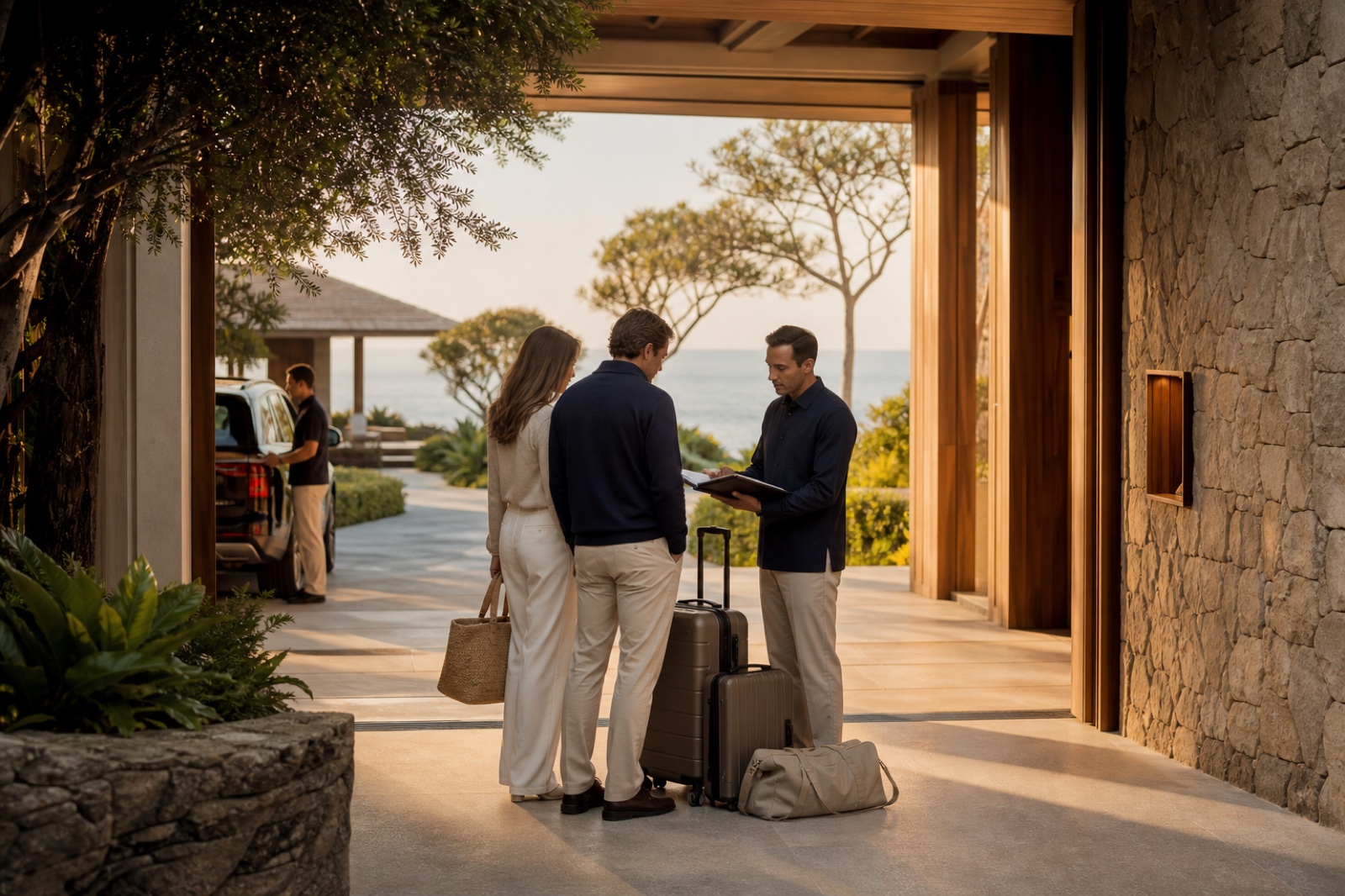 A discreet private arrival being coordinated at an exceptional coastal resort