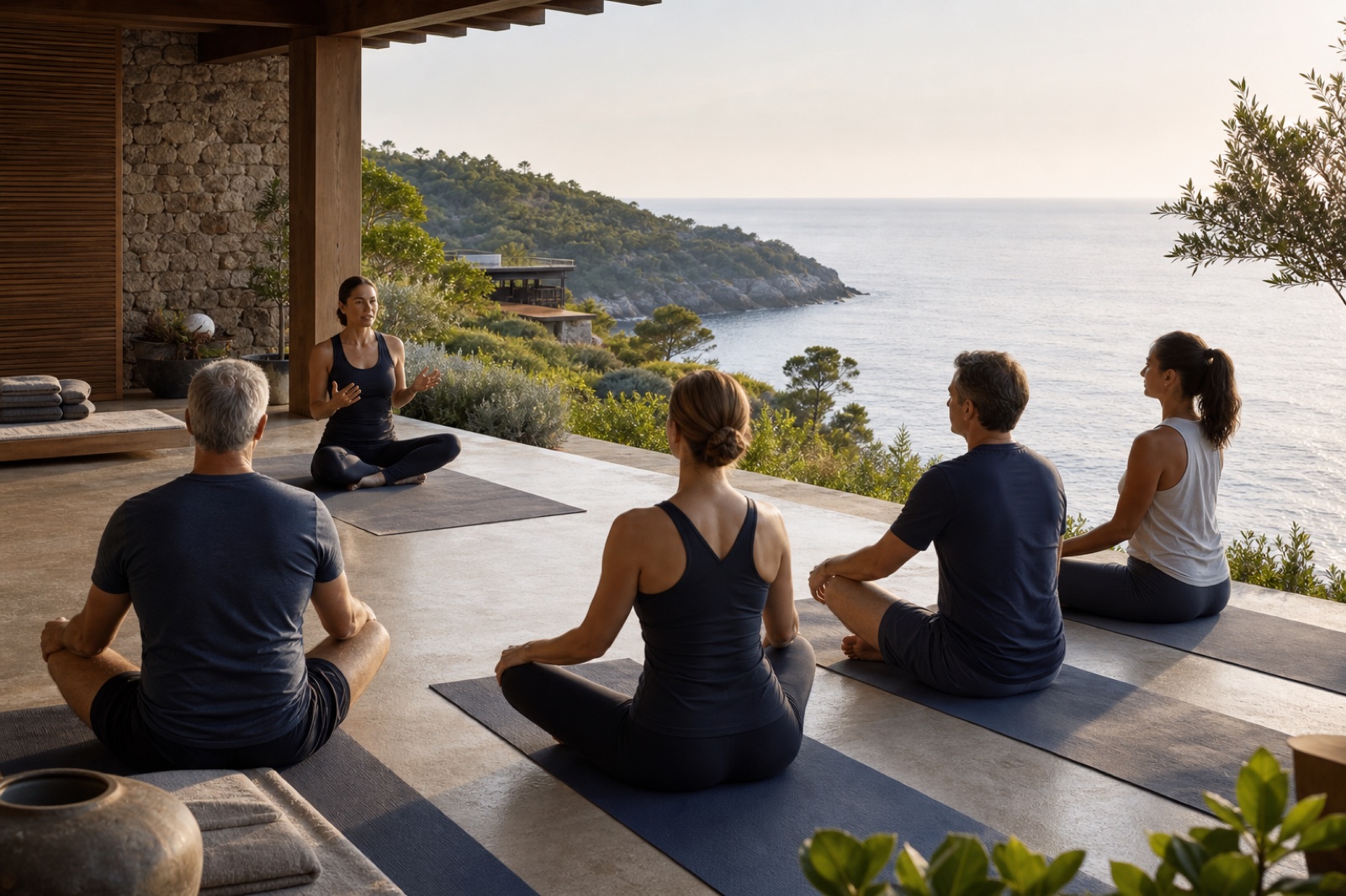 A private group following an experienced meditation instructor at a secluded luxury retreat