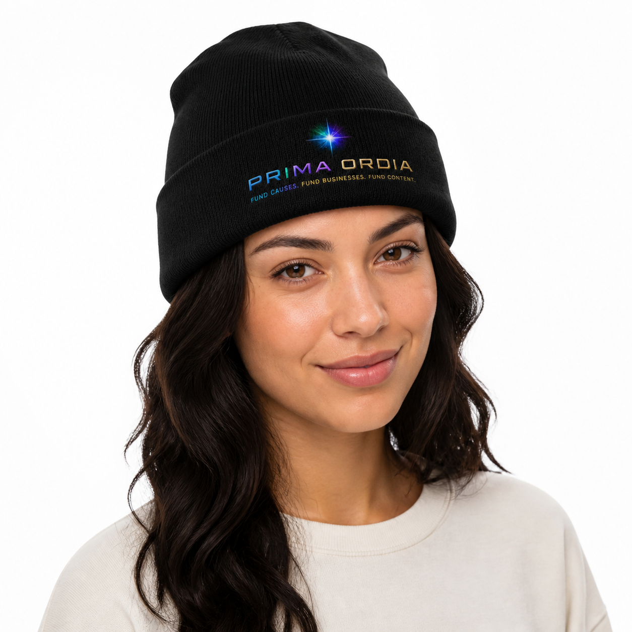 Embroidered Beanie: clean studio lifestyle image.